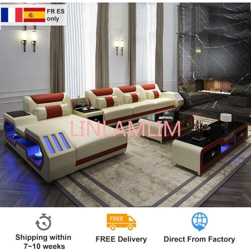 Living room Sofa functional genuine leather couch Nordic corner L RGB LED light+ Bluetooth cup holder+ coffee table+ TV stand