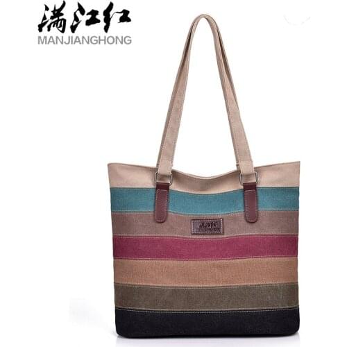 MANJIANGHONG Canvas Striped Stitching Ladies Handbag New Fashion Large-Capacity Shopping Bag Casual Wild Shoulder Bag