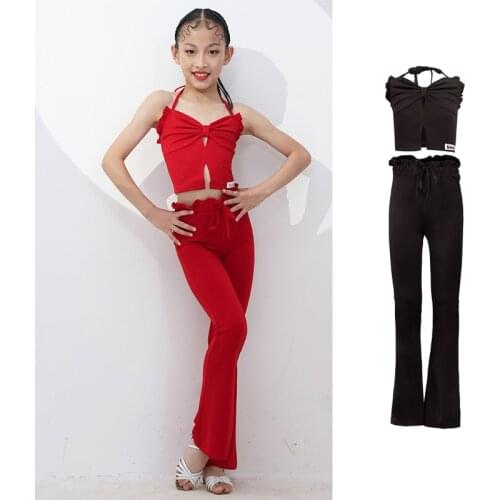 Latin Dance Costumes Kids Sling Tops Pants Professional Latin Competition Clothes Girls Rumba Red/Black Practice Suit DWY6011