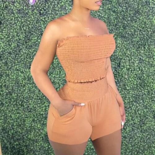 Summer Two Piece Sexy Wear Sleeveless Solid Color Skinny Suit Sets Oversize Bandeau Shirred Top & Pocket Design Shorts Set
