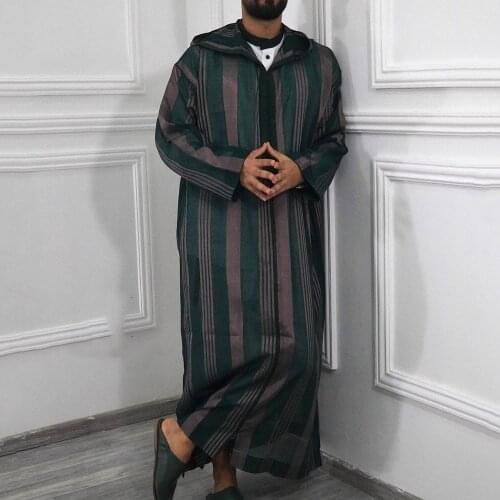 Fashion Jubba Thobe Men Abaya Muslim Striped Hooded Robes Dubai Arabic Kaftan Islamic Clothing Qamis Arab Turk Gown Blouse Dress