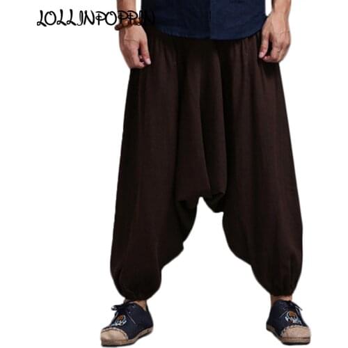 Men Baggy Linen Harem Pants Drop Crotch Bloomers Nepal Casual Joggers Elastic Waist Cotton & Linen Ethnic Loose Kung-Fu Trousers