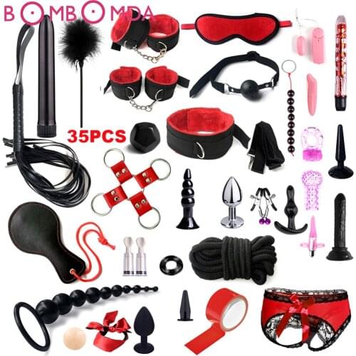 Exotic Bed Bondage Set BDSM Kits Exotic Sex Toys For Adults Games Leather Handcuffs Whip Gag Nipple Clamps Women Sex Products