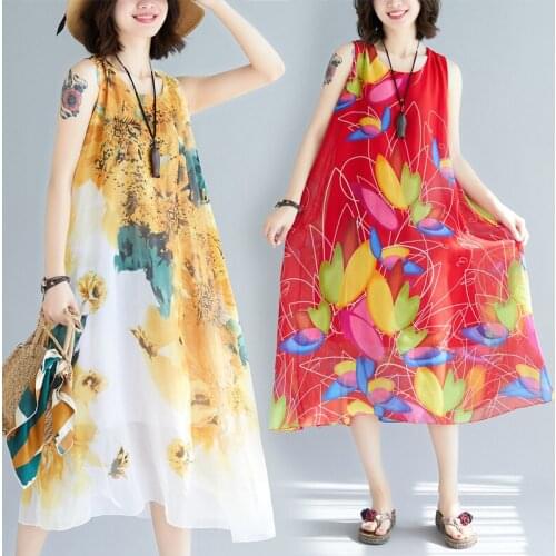 New 2020 Womens Summer Dress casual large size Sleeveless Printed Floral Boho Chiffon Vest Dress Female vestidos