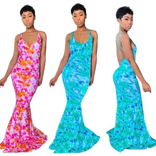 2021 Summer New Style Womens Dress Open Back Printed Long Skirt