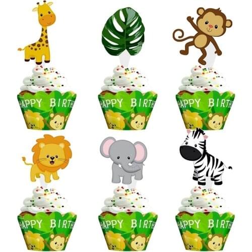 Happy Birthday Cupcake Wrapper For Jungle Safari Party Decorations Lion Monkey Giraffe Animal Cake Topper Kids Boy Favors