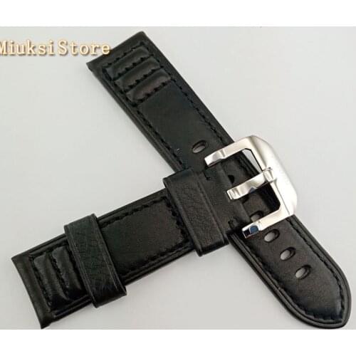 Parnis 24mm Big Handmade leather soft black Watch Band polishing Buckles