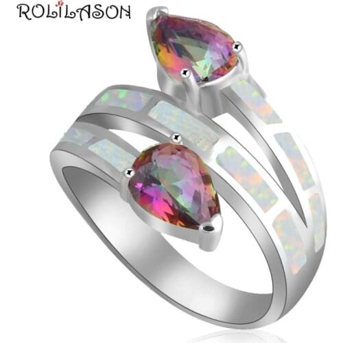 Floating charms Rainbow silver plated White Fire Opal Crystal Fashion Jewelry Rings USA #6#7#7.5#8.5#9 OR717