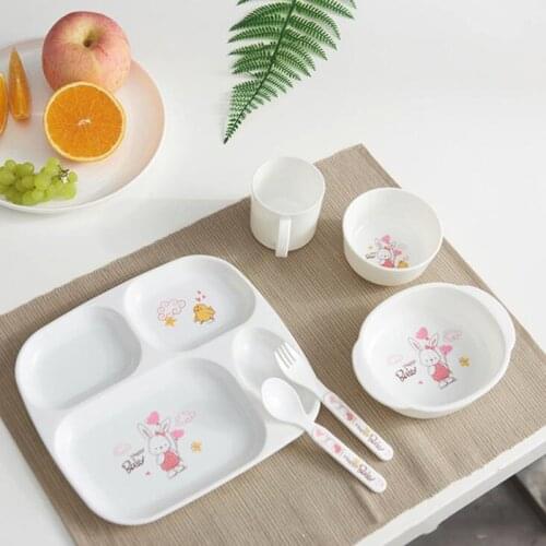6Pcs/Set Cartoon Baby Feeding Bowl Plate Dishes Fork Spoon Cup Children Tableware Set Infant Separation Feeding Tray Dinnerware