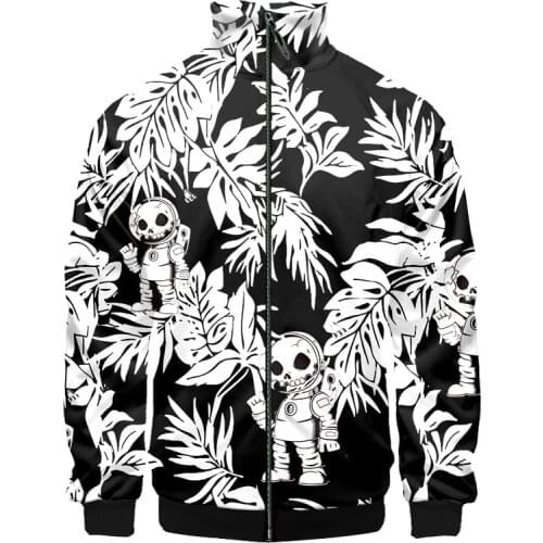 UJWI 3d Stand Collar Hoodie Skull Leaf Black Fashion Men Women Zipper Hoodies Jackets Long Sleeve Zip Up 3D Sweatshirt Tops 5XL