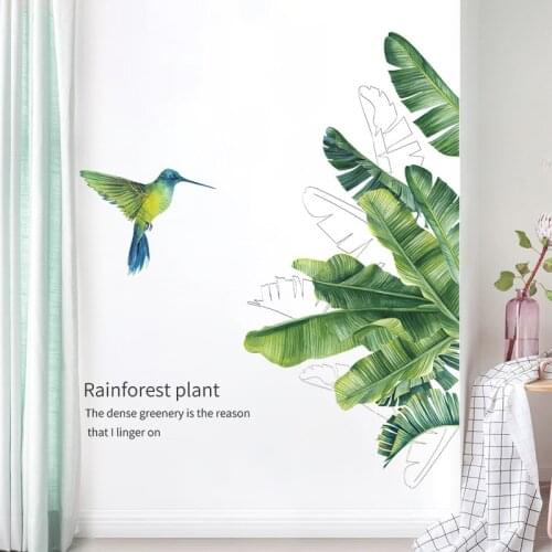 Rainforest Plant Tropical Green Leaves Wall Stickers Hummingbird Wall Decals for Living Room Bedroom Decorative Stickers DECOR
