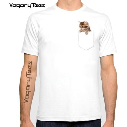 Vagarytees Summer Creative Cat in pocket Tshirt Cute Pocket cat Print Tee Homme Anime funny Kitty Tshirt