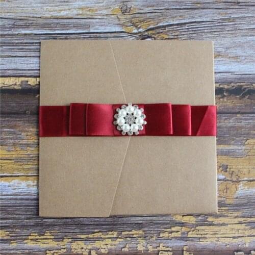 Vintage outdoor wedding invite burgundy brooch lace party invitation tri-fold pocket personalized design 50 sets