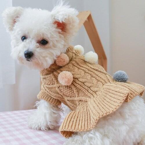 Dog Knit Dress With Bowtie Winter Warm Princess Dog Sweater For Small Dog Cat Clothes Warm Ball Yarn Skirt Chihuahua Yorkies Pug