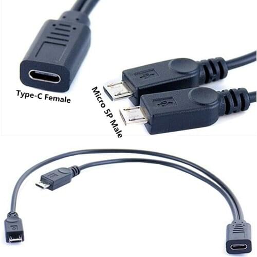 2 in 1 USB 3.1 Type C Charging Cable, USB C Type C Female to 2*USB 2.0 micro 5Pin Charger Cable 0.25m 25cm