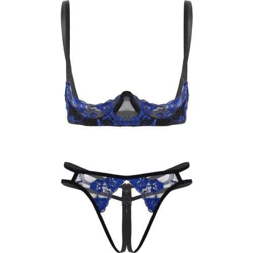 Women Erotic Lace Floral Lingerie Set Adjust Straps Bare Exposed Breasts Underwire Bra Top with Crotchless G-string Thong Briefs