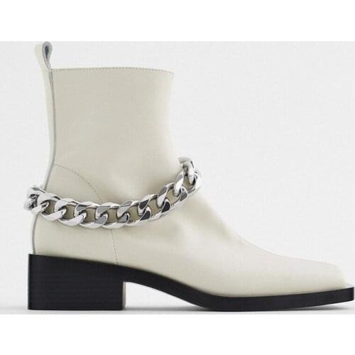 2021 New Autumn Winter Chain-strap Short Boots for Women Low heel White Ankle Boots