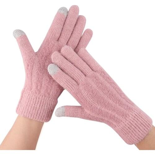 Womens knitted gloves winter warm fleece-lined thickened jacquard split-finger wool touch screen gloves