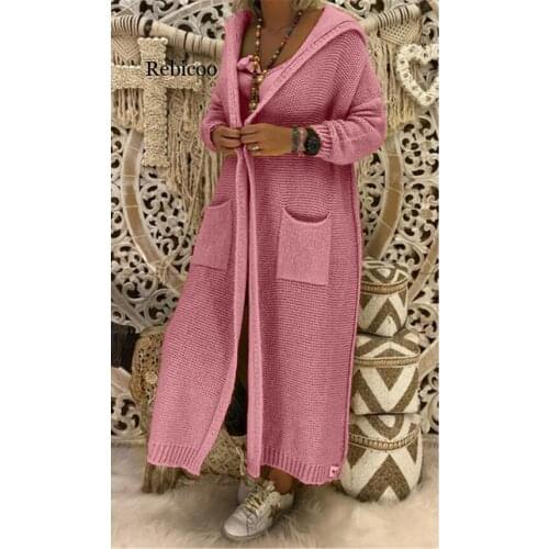 Long Knitted Cardigan Women Fashion Double Pockets Top Sweater Femme Hooded Sweters Mujer Coat Streetwear