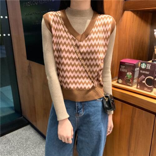 Womens Y2k Knitted Vest Female V-neck Loose Casual 2020 Autumn Winter Sleeveless Pullover Argyle V-neck Sweater Vest Crop Top