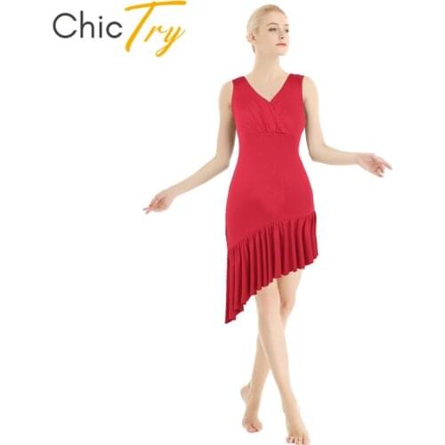 ChicTry Women Adult Sleeveless V-neck Asymmetrical Ruffle Rumba Tango Salsa Fringe Latin Dance Dress Stage Competition Costume