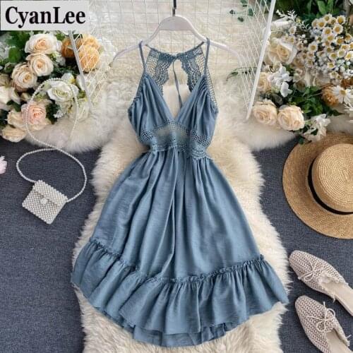 Cyanlee Sexy Hollow Lace Stitching Large Backless Dresses Women Fashion Summer V Neck Sleeveless Vestidos