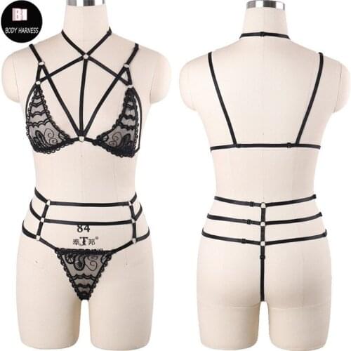 Women Sexy Lingerie Lace Top Bondage Set Body Harness Goth Shorts Rave Bustier Fetish Cage Bra Stocking Belt
