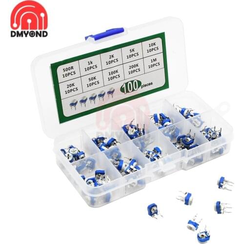 100pcs/Box RM065 Potentiometer 1/2/5K Adjustable Resistor Kit 500-1M Ohm Multiturn Trimmer Potentiometer Set Variable Resistors