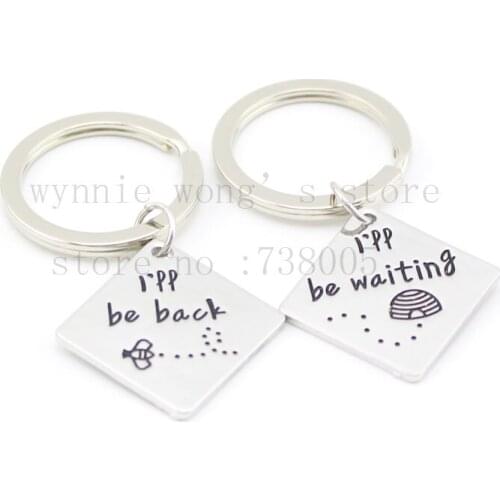 2015 new style long distance relationship "I will be back I will be waiting "hand stamped keychains &necklace out of town worker