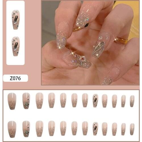 24pcs Rhinestone Inlaid Nail Patch Shiny Glue Type Removable Long Paragraph Fashion Manicure Save Time False Nail Patch NE