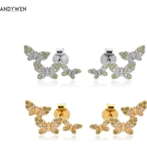 ANDYWEN 925 Sterling Silver Rainbow Three Butterfly Stud Earring Olive Champagne Rock Punk luxury Crystal Zircon CZ Jewelry Gift