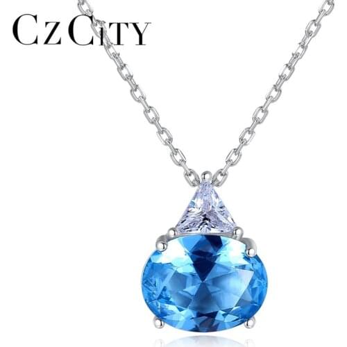 CZCITY Pure 925 sterling silver Elegant Oval Blue Topaz Pendant Necklaces Women Anniversay Fine Jewelry Christmas Gift SN0428