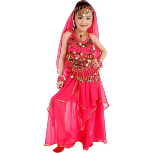 Belly Dance Child 5piece(Top+Dress+Waist Chain+Hand Chain+Veil) Indian Clothes India Rose/Red/Yellow Girls Belly Dance Costume