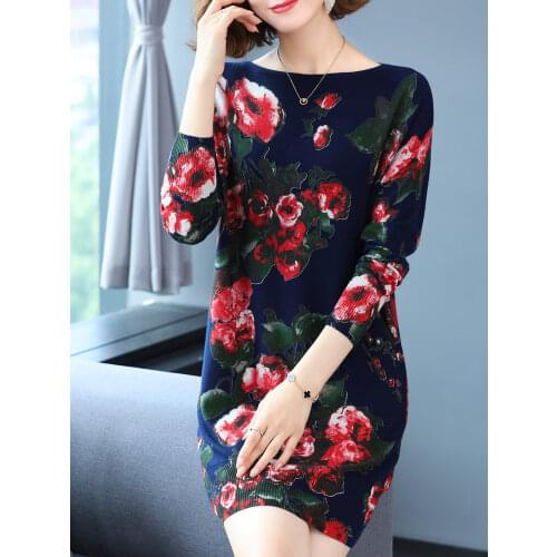 Long Sweater Dress Autumn Fashion Long Sleeve Pullovers Print Knitwear Jumper Plus Size Sweater Women