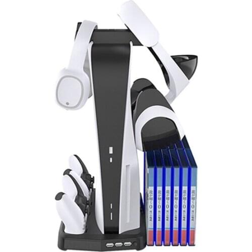 For PlayStation5 Console Cooling Fan Base Controller Charging + Disc Storage Rack + Earphone Storage Double Hanging Bracket