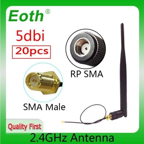 20pcs wholesale 2.4GHz Antenna 5dBi RP-SMA Male connector WiFi antena 2.4 ghz antene +21cm RP SMA to ufl./ IPX 1.13 Pigtai cable