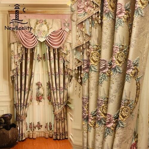 European Top Beige 4D Embossed Large Flower Thick Blackout Window Curtains for Living Room High Quality Villa Bedroom Curtain