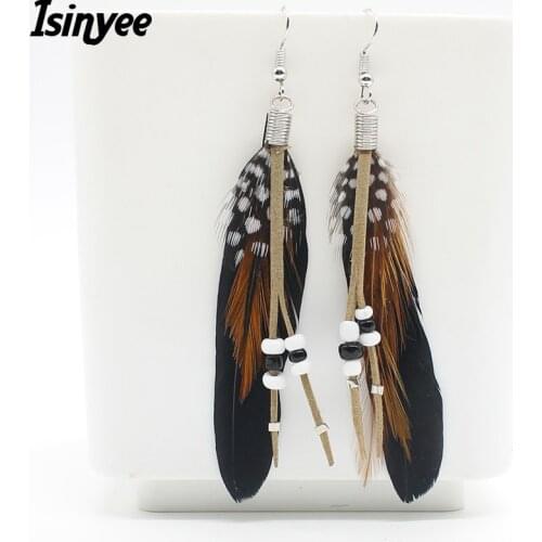 ISINYEE fashion beads tassel feather earrings for women korean trendy jewelry white black purple rose red blue purple 6colors