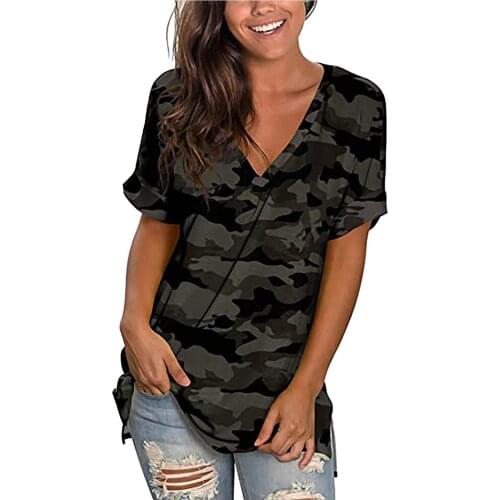 Camouflage Tshirt Women 2021 Plant Flower Printed Stripes Tops Woman Casual Deep V-Neck Womens T-Shirt Summer Loose Tops