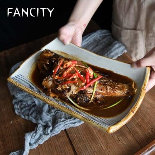 FANCITY Japanese style creative ceramic tableware blue line rectangular fish dish sushi dish dish home steamed fish dish restaur