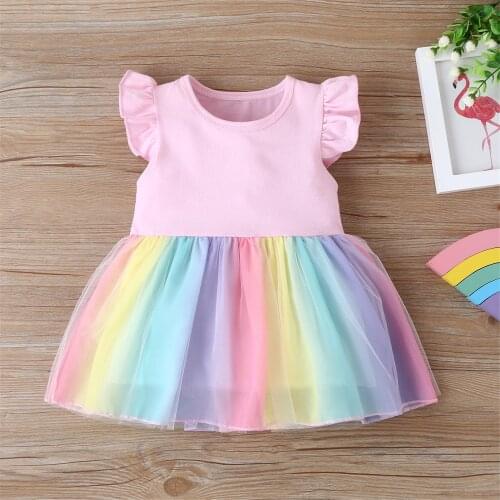 Toddler Baby Girl’s Summer Ruffles Fly Sleeve Dress Fashion Rainbow Mesh Yarn Stitching A-line Princess MIni Cute Children Dress