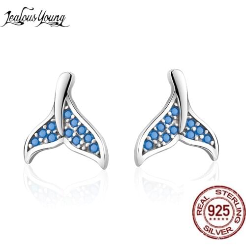 Dolphin Blue Fishtail Small Stud Earrings with Young Zirconia Luxury Zircon Silver Color Earrings Jewelry for Party Gift Brincos