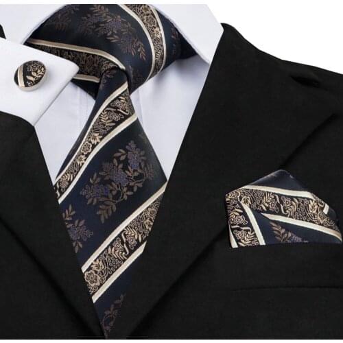 SN-798 Black Bisque Mediumblue Striped Tie Hanky Cufflinks Sets Mens 100% Silk Ties for Men Formal Wedding Party Groom