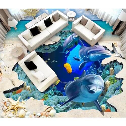 Custom 3D Floor Mural Ocean World Dolphin 3D Stereo Painting Living Room Bedroom Bathroom PVC Waterproof floor wallpaper