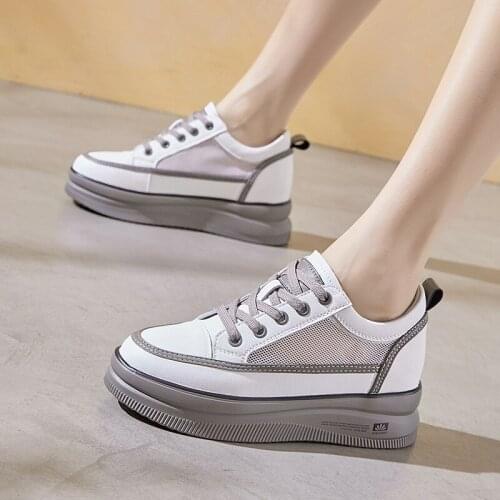 New Mesh Leather Shoes Sneakers Women Spring Thick Bottom Daddy Shoes Round Toe Breathing Leisure Women Shoes