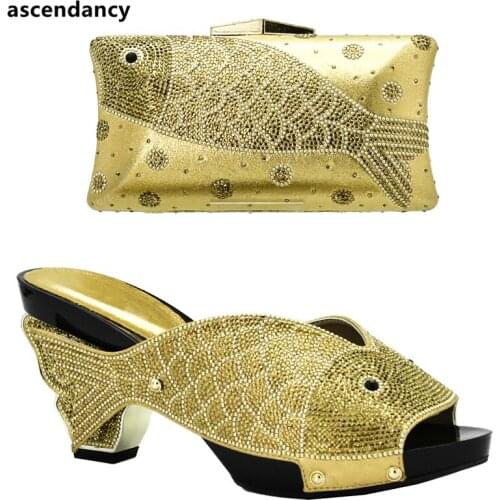 New Arrival Gold Color Italian Shoes with Matching Bag for Wedding Italy Niegerian Wedding Shoes and Bag Set Party Shoes Bag Set