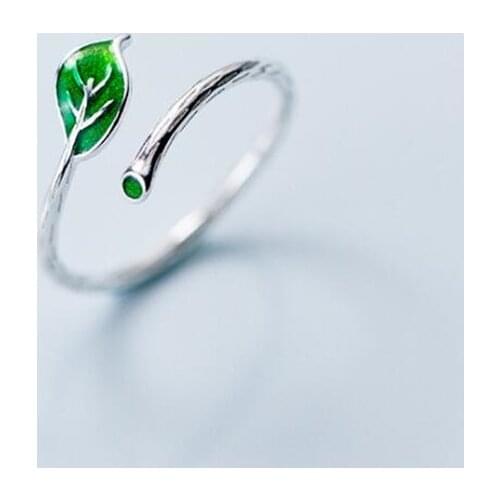New Fashion Simple Green Leaf 925 Sterling Silver Jewelry Not Allergic Literary Temperament Exquisite Women Opening Rings SR586