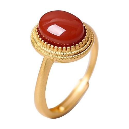 The New S925 Sterling Silver Gold-Plated Inlaid Southern Red Agate Egg Face Ring Face Fashion Simple Womens Ring