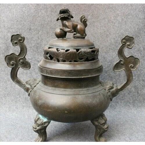 Wholesale factory 16" Marked Tibet Purple Bronze Dynasty Temple Lion Statue Incense Burner Censer 25% off