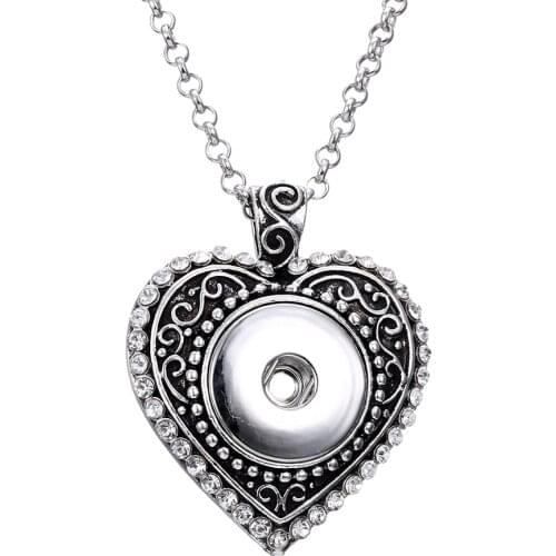 Wholesale Snap Jewelry 18mm Love Heart Snap Pendant Necklaces With White Crystal for 18-20mm Snap Button